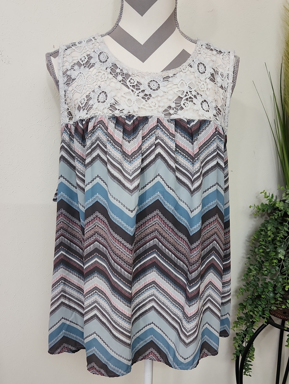 Maurices Crochet Yoke Tank with Chevron Print in Blue, Pink and White
